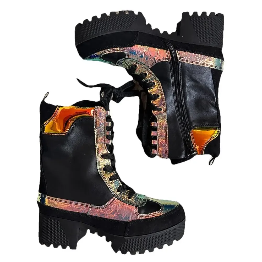 Bamboo Black Holographic Iridescent Platform Lug Sole Combat Boots Womens 7